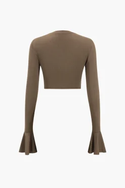 MICAS Pant Sets-Ruffled Long Sleeve Top And Flared Trouser Set BROWN