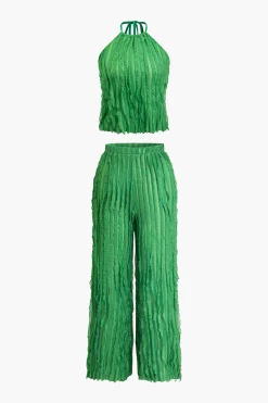 MICAS Pant Sets-Ruffled Textured Halter Crop Top And Wide-Leg Pants Set