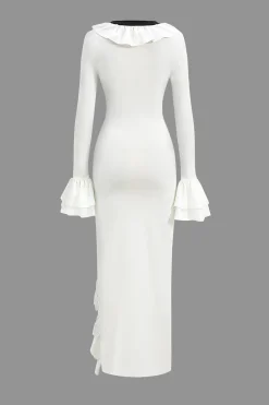 MICAS Long Sleeve Dresses|Maxi Dresses-Ruffled V-Neck Long Sleeve Maxi Dress WHITE