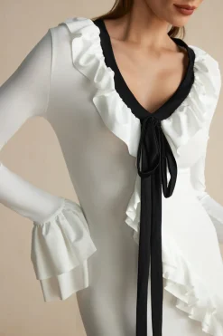 MICAS Long Sleeve Dresses|Maxi Dresses-Ruffled V-Neck Long Sleeve Maxi Dress WHITE