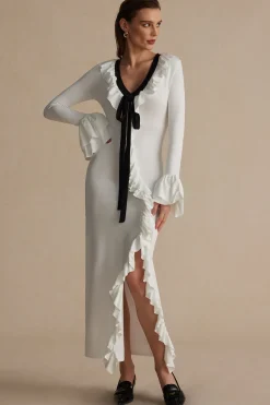 MICAS Long Sleeve Dresses|Maxi Dresses-Ruffled V-Neck Long Sleeve Maxi Dress WHITE