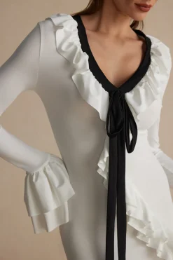 MICAS Long Sleeve Dresses|Maxi Dresses-Ruffled V-Neck Long Sleeve Maxi Dress WHITE