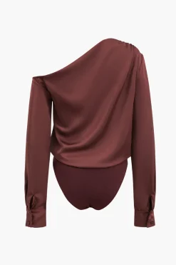 MICAS Bodysuits-Satin Asymmetrical Long Sleeve Ruched Bodysuit BURGUNDY