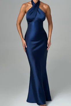 MICAS Maxi Dresses-Satin Backless Sleeveless Maxi Dress DARK BLUE