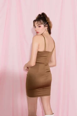MICAS Mini Dresses-Satin Bustier Tight Waist Mini Dress LIGHT BROWN