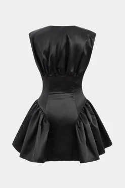 MICAS Mini Dresses-Satin Button Ruched Mini Dress BLACK
