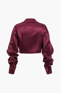 MICAS Long Sleeve Tops|Long Sleeves Tops-Satin Button Twist Knot Long-Sleeve Shirt BURGUNDY