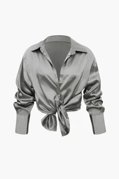 MICAS Pant Sets-Satin Button Up Long Sleeve Shirt And Pants Set