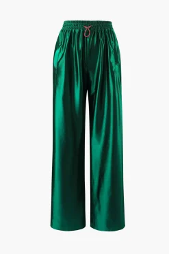 MICAS Pants-Satin Drawstring Wide Leg Pants GREEN