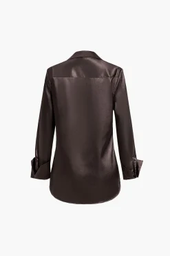 MICAS Long Sleeve Tops|Long Sleeves Tops-Satin Fake Pocket Long-Sleeve Shirt BROWN