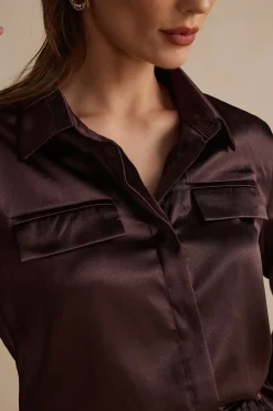 MICAS Long Sleeve Tops|Long Sleeves Tops-Satin Fake Pocket Long-Sleeve Shirt BROWN