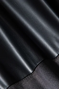 MICAS Mini Dresses-Satin Faux Leather Patchwork Ruched Slip Mini Dress BLACK