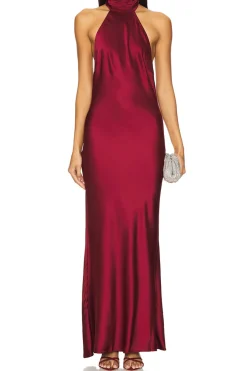 MICAS Maxi Dresses-Satin Halter Neck Backless Sleeveless Maxi Dress RED