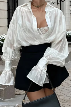 MICAS Long Sleeve Tops|Long Sleeves Tops-Satin Lantern Sleeve Long-Sleeve Shirt