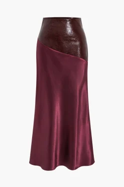 MICAS Skirts-Satin Patchwork Faux Leather Asymmetrical Skirt