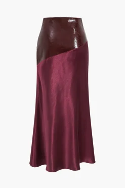 MICAS Skirts-Satin Patchwork Faux Leather Asymmetrical Skirt