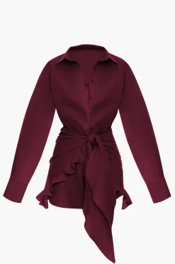 MICAS Long Sleeve Dresses|Mini Dresses-Satin Tie Front Ruffle Long Sleeve Mini Dress