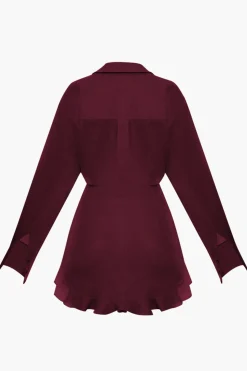 MICAS Long Sleeve Dresses|Mini Dresses-Satin Tie Front Ruffle Long Sleeve Mini Dress