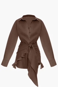 MICAS Long Sleeve Dresses|Mini Dresses-Satin Tie Front Ruffle Long Sleeve Mini Dress