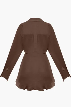 MICAS Long Sleeve Dresses|Mini Dresses-Satin Tie Front Ruffle Long Sleeve Mini Dress