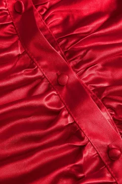 MICAS Long Sleeve Dresses|Mini Dresses-Satin Tie-Up Ruched Long Sleeve Mini Dress RED