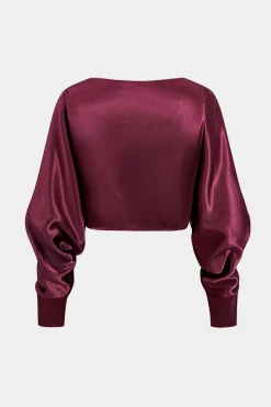 MICAS Skirt Sets-Satin Twist Knot Long Sleeve Top And Skirt Set BURGUNDY