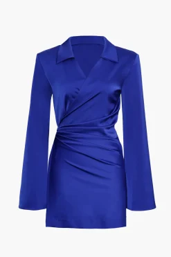MICAS Long Sleeve Dresses|Mini Dresses-Satin Wrapped Shirt Dress NAVY