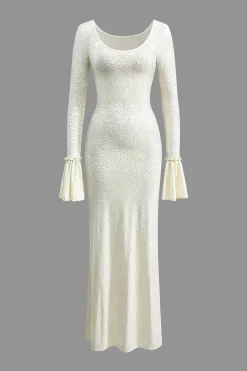 MICAS Long Sleeve Dresses|Maxi Dresses-Scallop Edge Bell Sleeve Long Sleeve Maxi Dress BEIGE