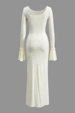 MICAS Long Sleeve Dresses|Maxi Dresses-Scallop Edge Bell Sleeve Long Sleeve Maxi Dress BEIGE