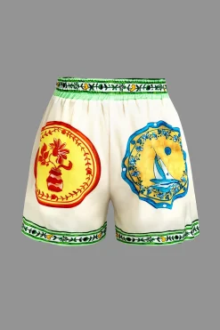 MICAS Vacation Sets|Short Sets-Scarf Print Tie-Front Shirt And Drawstring Shorts Set WHITE