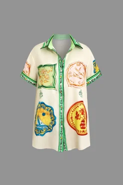 MICAS Vacation Sets|Short Sets-Scarf Print Tie-Front Shirt And Drawstring Shorts Set WHITE