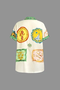 MICAS Vacation Sets|Short Sets-Scarf Print Tie-Front Shirt And Drawstring Shorts Set WHITE