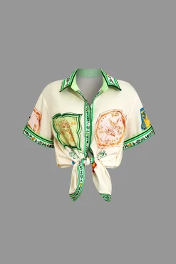 MICAS Vacation Sets|Short Sets-Scarf Print Tie-Front Shirt And Drawstring Shorts Set WHITE