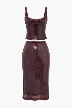 MICAS Skirt Sets-Sequin Cami Top And Skirt Set BURGUNDY