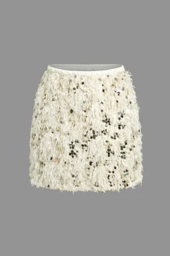 MICAS Skirts-Sequin Feather Fringe Skirt BEIGE