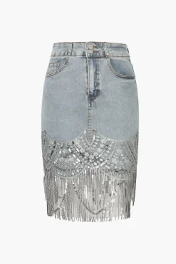 MICAS Skirts-Sequin Fringe Hem Denim Skirt LIGHT WASH BLUE