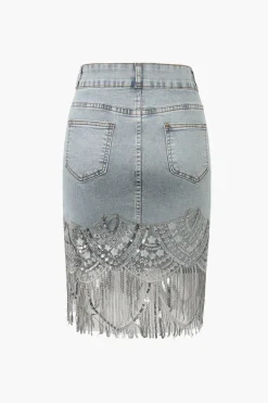MICAS Skirts-Sequin Fringe Hem Denim Skirt LIGHT WASH BLUE