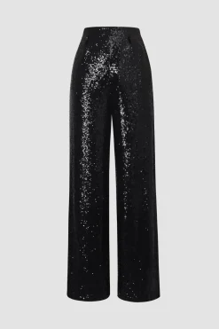 MICAS Pants-Sequin High Waisted Wide Leg Trousers BLACK