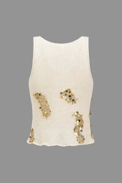 MICAS Knit Tops-Sequin Sweater Cut Out Tank Top WHITE