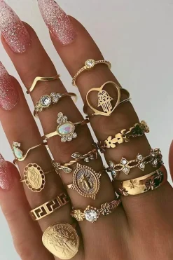 MICAS Accessories-Set of 15 Pc Rhinestone Rings GOLD