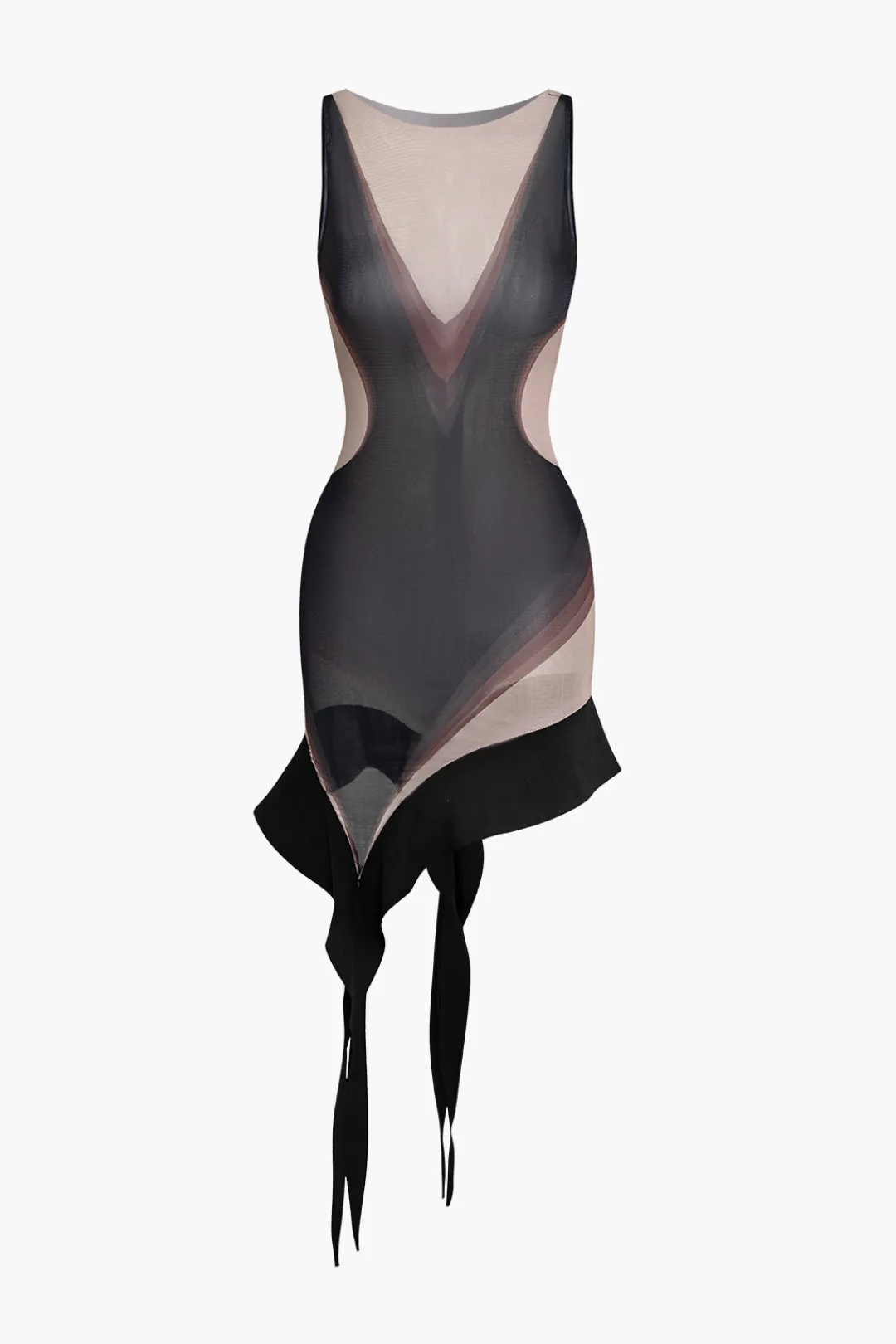 MICAS Mini Dresses-Sheer Abstract Mesh Asymmetric Mini Dress BLACK