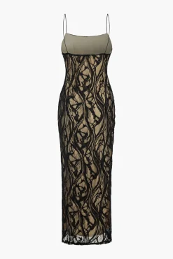 MICAS Maxi Dresses-Sheer Lace Embroidered Slip Maxi Dress KHAKI