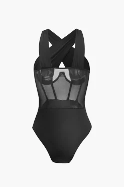MICAS Bodysuits|Corset & Bustier Tops-Sheer Mesh Patchwork Corset Bodysuit BLACK