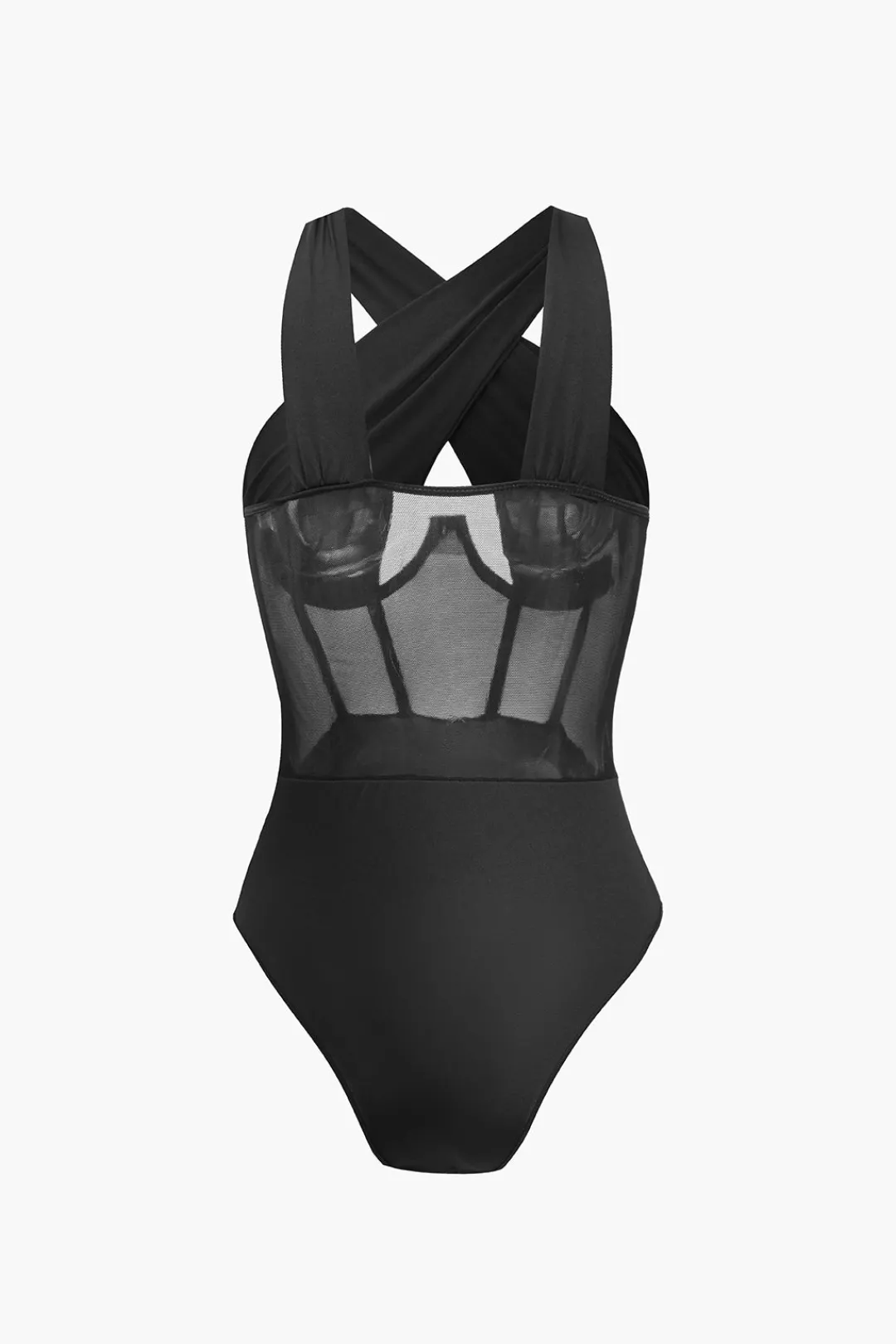 MICAS Bodysuits|Corset & Bustier Tops-Sheer Mesh Patchwork Corset Bodysuit BLACK