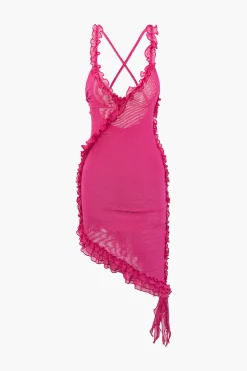 MICAS Mini Dresses-Sheer Mesh Ruffle Trim Asymmetrical Cross Backless Mini Dress