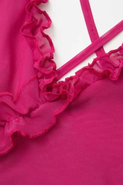 MICAS Mini Dresses-Sheer Mesh Ruffle Trim Asymmetrical Cross Backless Mini Dress