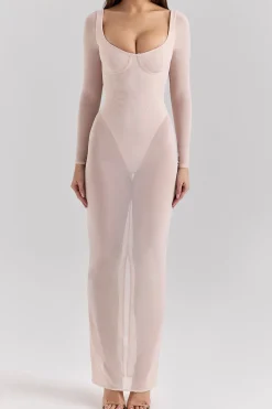 MICAS Long Sleeve Dresses|Maxi Dresses-Sheer Mesh Square Neck Long Sleeve Maxi Dress PINK