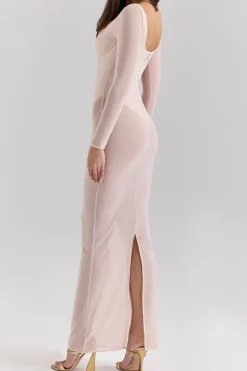 MICAS Long Sleeve Dresses|Maxi Dresses-Sheer Mesh Square Neck Long Sleeve Maxi Dress PINK