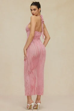 MICAS Maxi Dresses-Sheer Ruffle Texture Halter Backless Maxi Dress