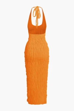 MICAS Maxi Dresses-Sheer Ruffle Texture Halter Backless Maxi Dress